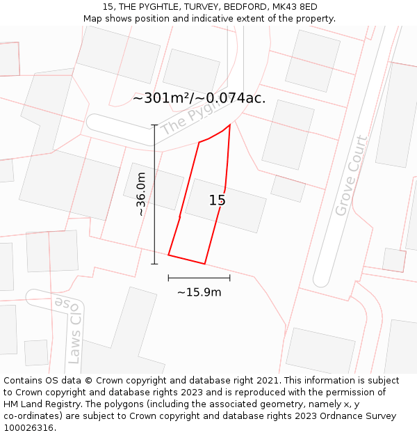 15, THE PYGHTLE, TURVEY, BEDFORD, MK43 8ED: Plot and title map