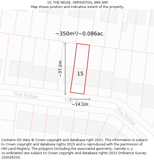 15, THE RIDGE, ORPINGTON, BR6 8AP: Plot and title map
