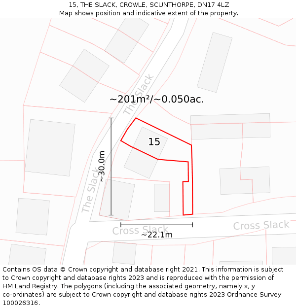 15, THE SLACK, CROWLE, SCUNTHORPE, DN17 4LZ: Plot and title map