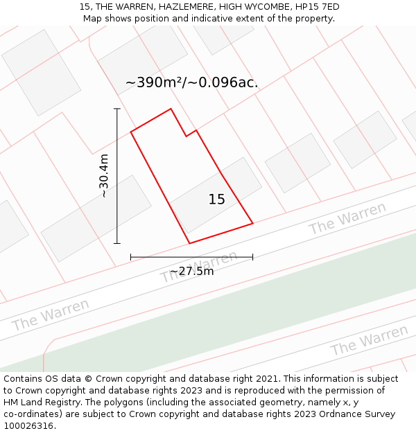 15, THE WARREN, HAZLEMERE, HIGH WYCOMBE, HP15 7ED: Plot and title map