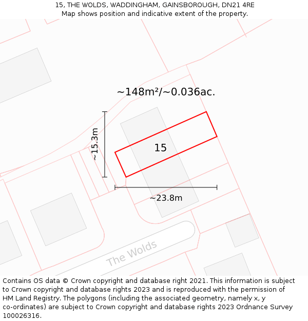 15, THE WOLDS, WADDINGHAM, GAINSBOROUGH, DN21 4RE: Plot and title map