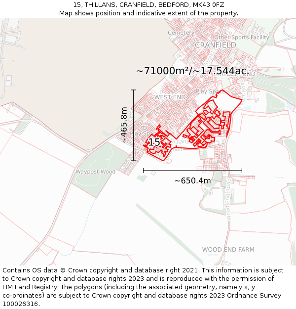 15, THILLANS, CRANFIELD, BEDFORD, MK43 0FZ: Plot and title map