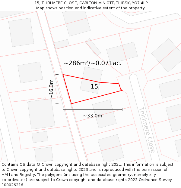 15, THIRLMERE CLOSE, CARLTON MINIOTT, THIRSK, YO7 4LP: Plot and title map