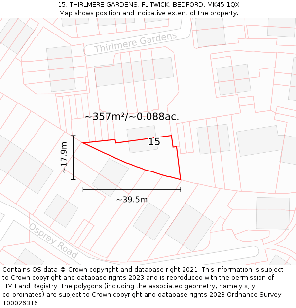 15, THIRLMERE GARDENS, FLITWICK, BEDFORD, MK45 1QX: Plot and title map