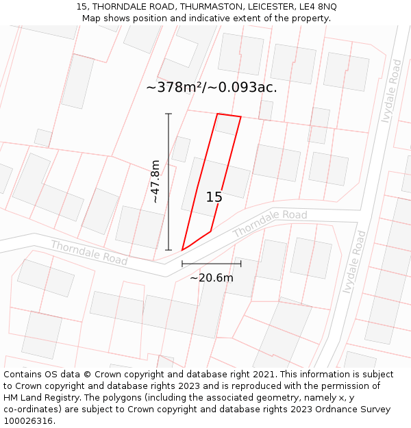 15, THORNDALE ROAD, THURMASTON, LEICESTER, LE4 8NQ: Plot and title map