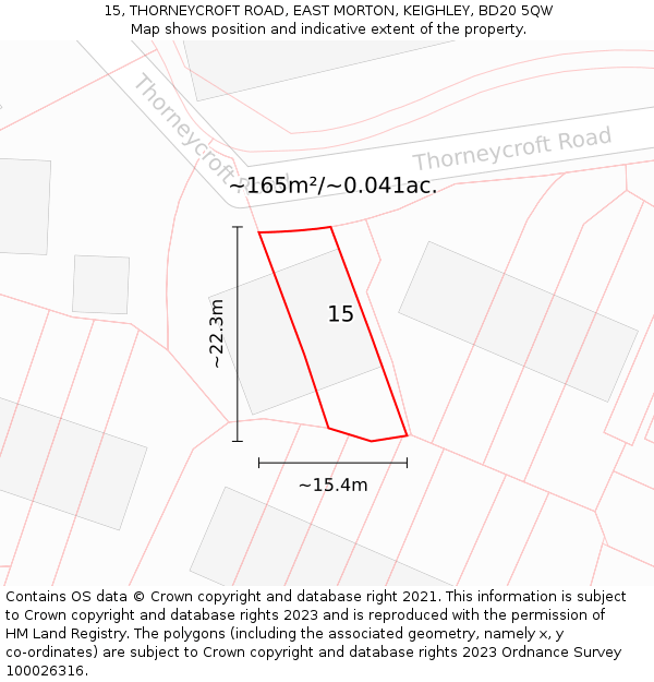 15, THORNEYCROFT ROAD, EAST MORTON, KEIGHLEY, BD20 5QW: Plot and title map