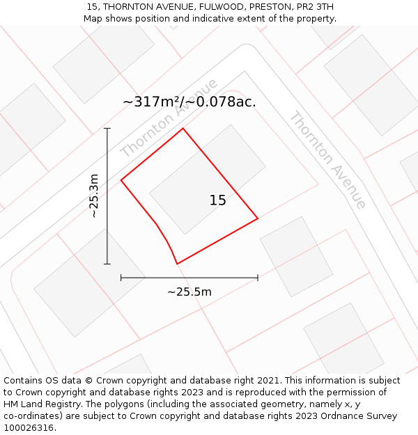 15, THORNTON AVENUE, FULWOOD, PRESTON, PR2 3TH: Plot and title map