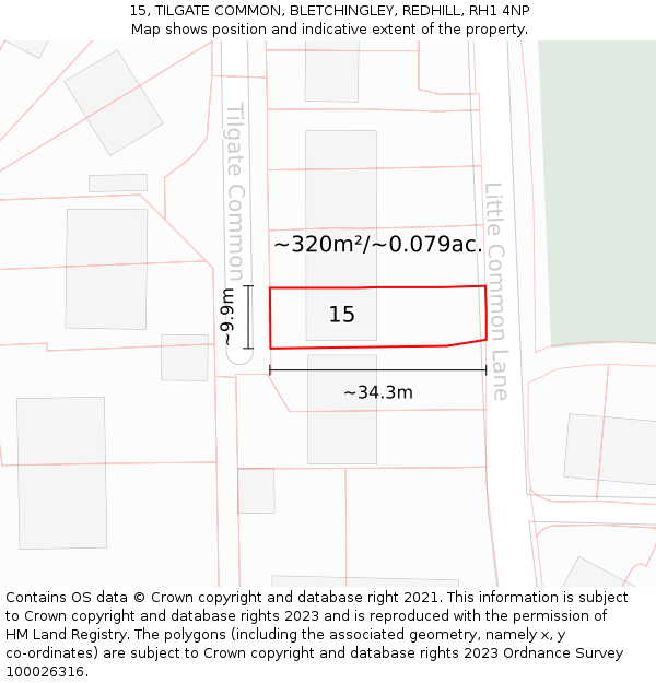 15, TILGATE COMMON, BLETCHINGLEY, REDHILL, RH1 4NP: Plot and title map