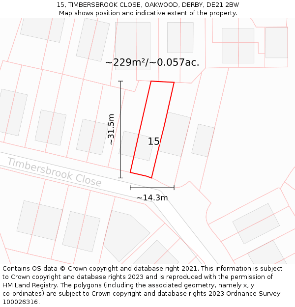 15, TIMBERSBROOK CLOSE, OAKWOOD, DERBY, DE21 2BW: Plot and title map