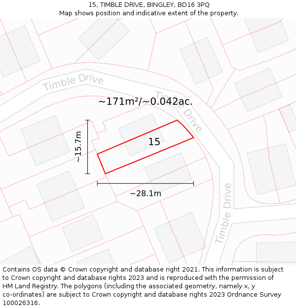 15, TIMBLE DRIVE, BINGLEY, BD16 3PQ: Plot and title map