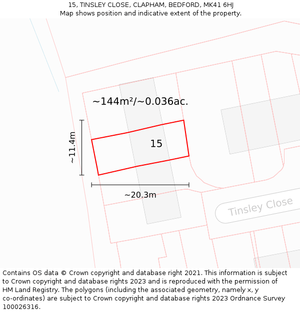 15, TINSLEY CLOSE, CLAPHAM, BEDFORD, MK41 6HJ: Plot and title map