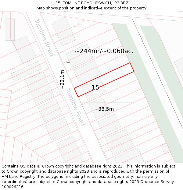 15, TOMLINE ROAD, IPSWICH, IP3 8BZ: Plot and title map
