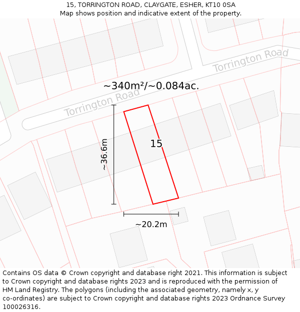 15, TORRINGTON ROAD, CLAYGATE, ESHER, KT10 0SA: Plot and title map