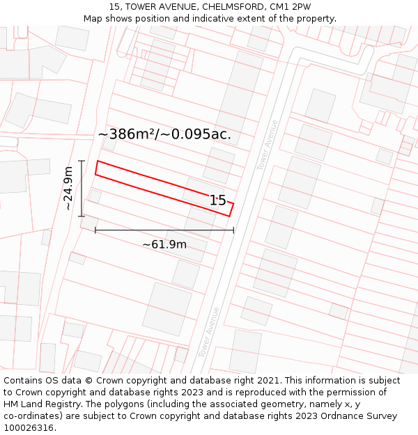 15, TOWER AVENUE, CHELMSFORD, CM1 2PW: Plot and title map