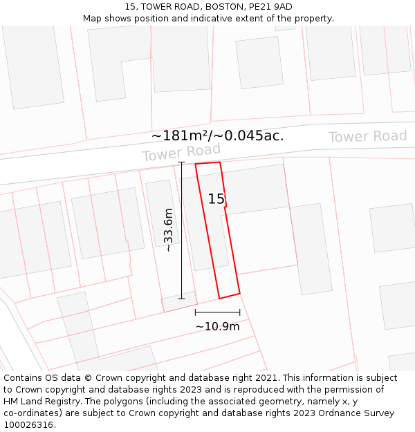 15, TOWER ROAD, BOSTON, PE21 9AD: Plot and title map