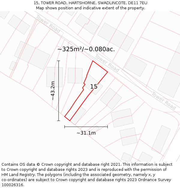 15, TOWER ROAD, HARTSHORNE, SWADLINCOTE, DE11 7EU: Plot and title map