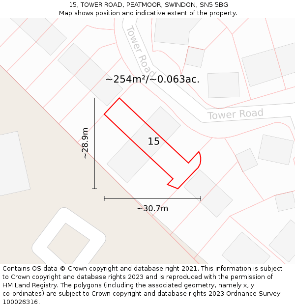 15, TOWER ROAD, PEATMOOR, SWINDON, SN5 5BG: Plot and title map