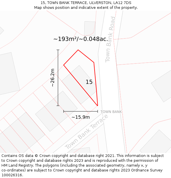 15, TOWN BANK TERRACE, ULVERSTON, LA12 7DS: Plot and title map