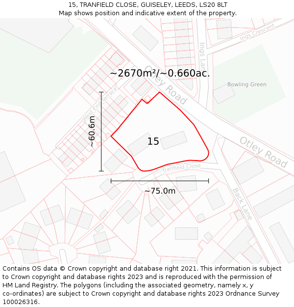 15, TRANFIELD CLOSE, GUISELEY, LEEDS, LS20 8LT: Plot and title map