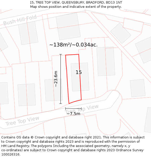 15, TREE TOP VIEW, QUEENSBURY, BRADFORD, BD13 1NT: Plot and title map