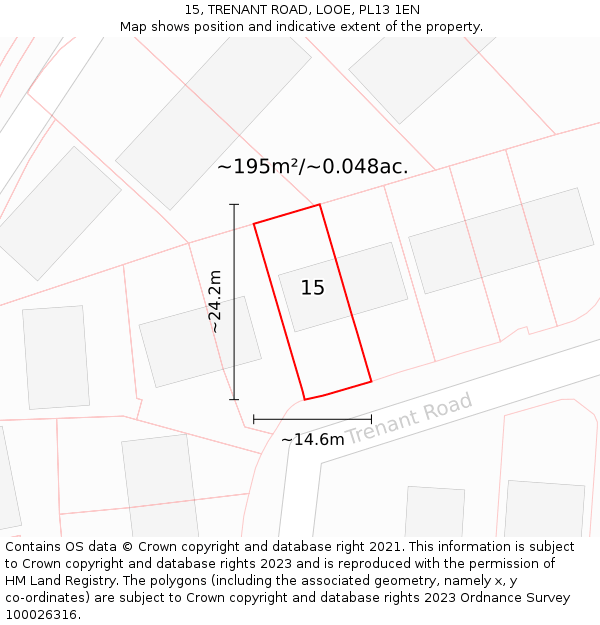 15, TRENANT ROAD, LOOE, PL13 1EN: Plot and title map