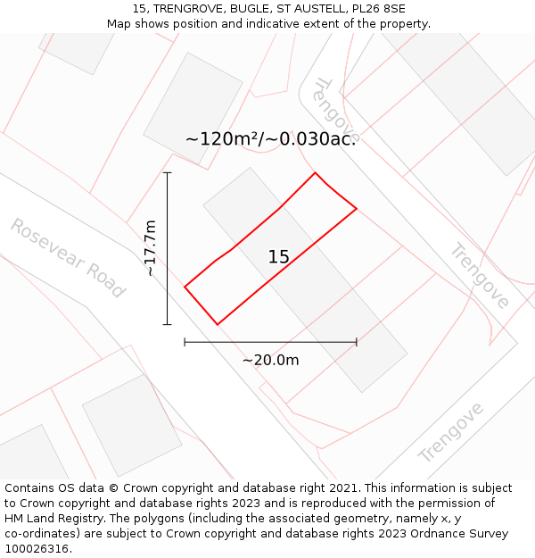 15, TRENGROVE, BUGLE, ST AUSTELL, PL26 8SE: Plot and title map