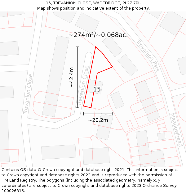 15, TREVANION CLOSE, WADEBRIDGE, PL27 7PU: Plot and title map