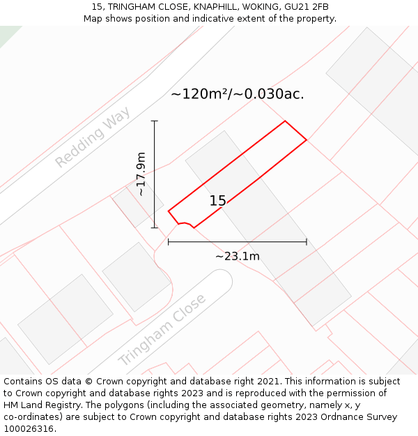 15, TRINGHAM CLOSE, KNAPHILL, WOKING, GU21 2FB: Plot and title map
