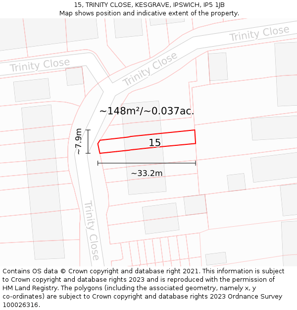 15, TRINITY CLOSE, KESGRAVE, IPSWICH, IP5 1JB: Plot and title map