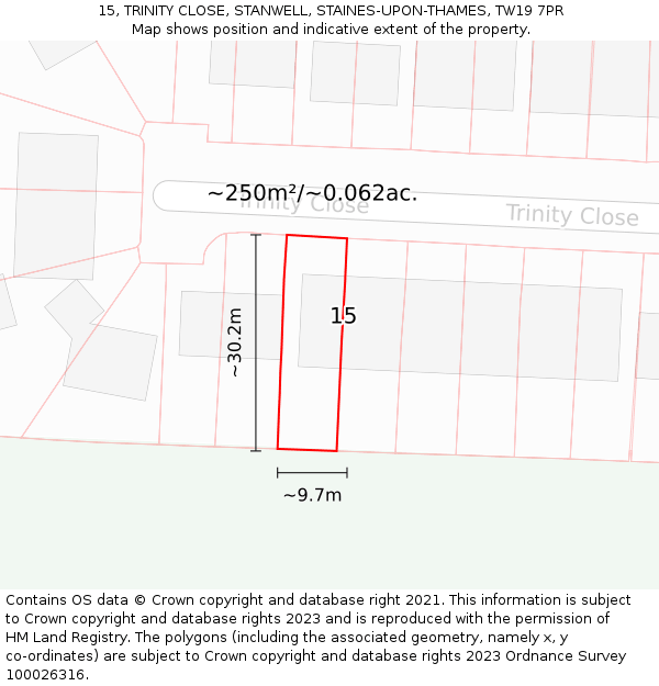 15, TRINITY CLOSE, STANWELL, STAINES-UPON-THAMES, TW19 7PR: Plot and title map
