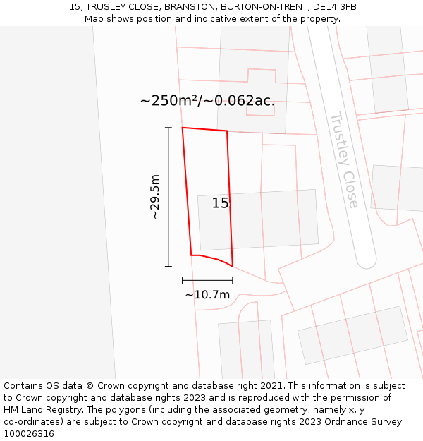 15, TRUSLEY CLOSE, BRANSTON, BURTON-ON-TRENT, DE14 3FB: Plot and title map