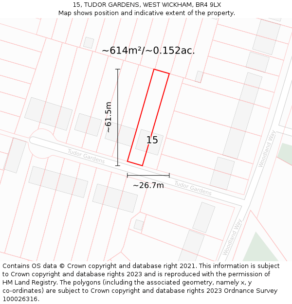 15, TUDOR GARDENS, WEST WICKHAM, BR4 9LX: Plot and title map