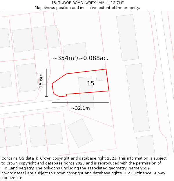 15, TUDOR ROAD, WREXHAM, LL13 7HF: Plot and title map