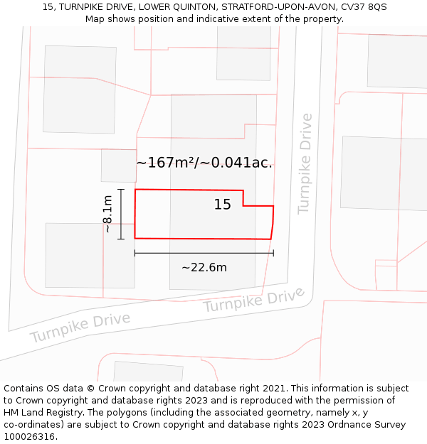 15, TURNPIKE DRIVE, LOWER QUINTON, STRATFORD-UPON-AVON, CV37 8QS: Plot and title map