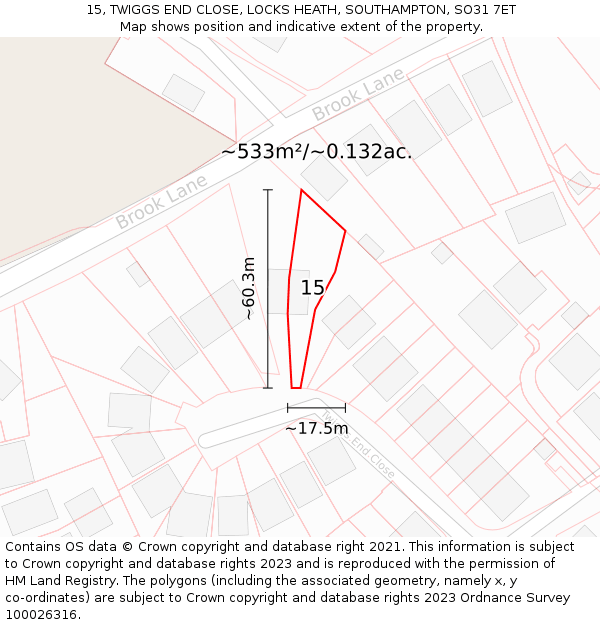 15, TWIGGS END CLOSE, LOCKS HEATH, SOUTHAMPTON, SO31 7ET: Plot and title map