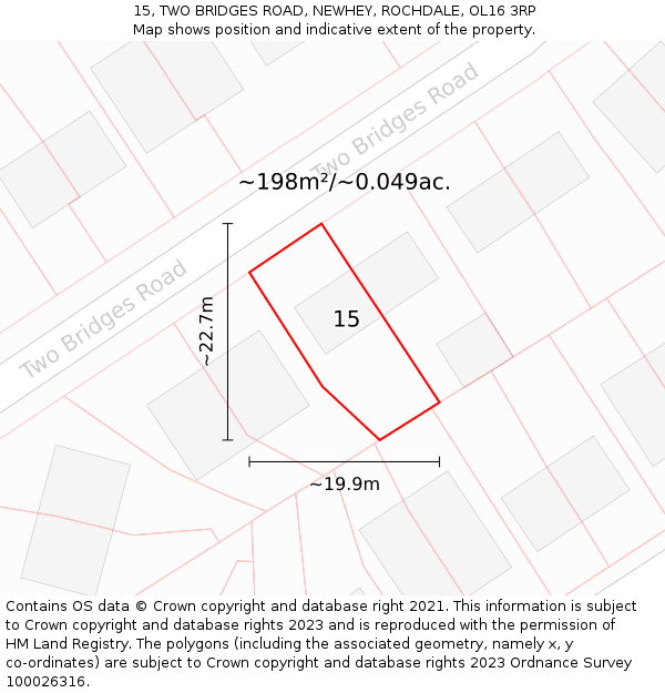15, TWO BRIDGES ROAD, NEWHEY, ROCHDALE, OL16 3RP: Plot and title map