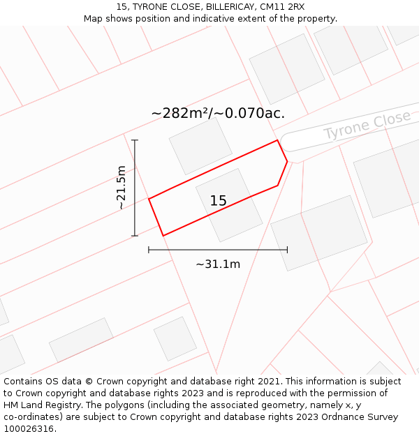 15, TYRONE CLOSE, BILLERICAY, CM11 2RX: Plot and title map