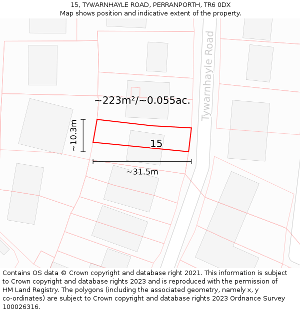 15, TYWARNHAYLE ROAD, PERRANPORTH, TR6 0DX: Plot and title map