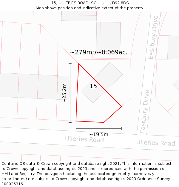 15, ULLERIES ROAD, SOLIHULL, B92 8DS: Plot and title map