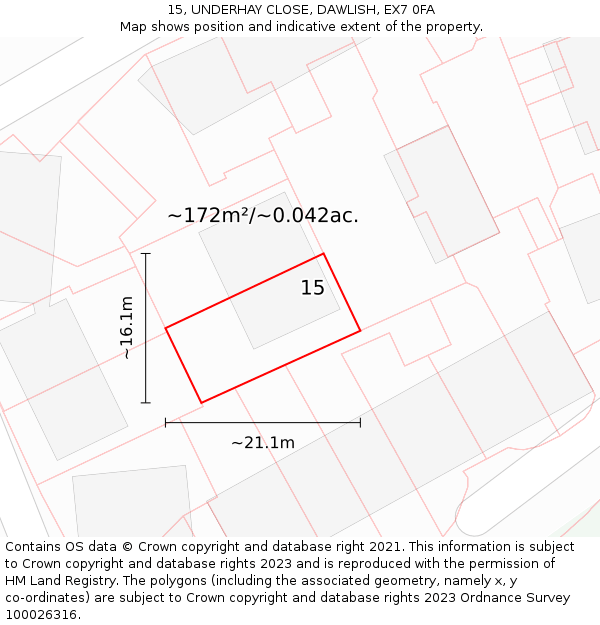 15, UNDERHAY CLOSE, DAWLISH, EX7 0FA: Plot and title map