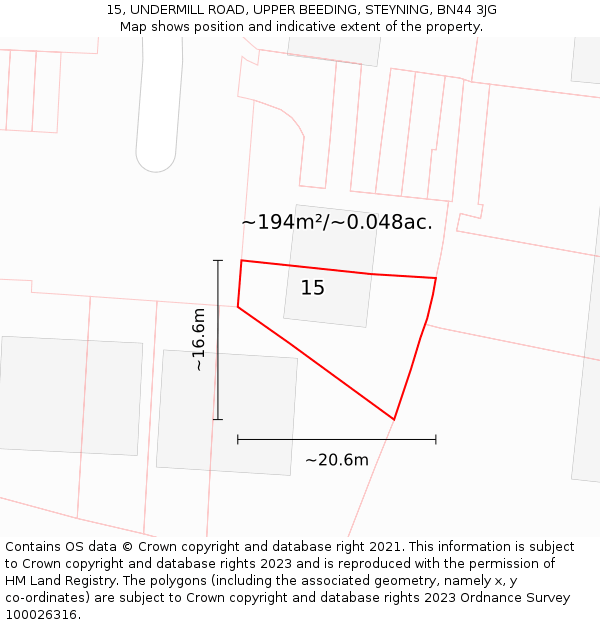 15, UNDERMILL ROAD, UPPER BEEDING, STEYNING, BN44 3JG: Plot and title map