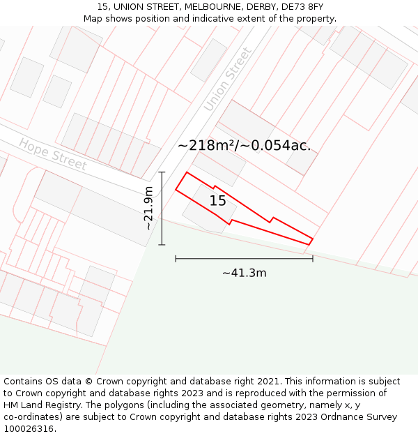15, UNION STREET, MELBOURNE, DERBY, DE73 8FY: Plot and title map