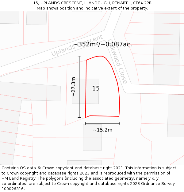 15, UPLANDS CRESCENT, LLANDOUGH, PENARTH, CF64 2PR: Plot and title map
