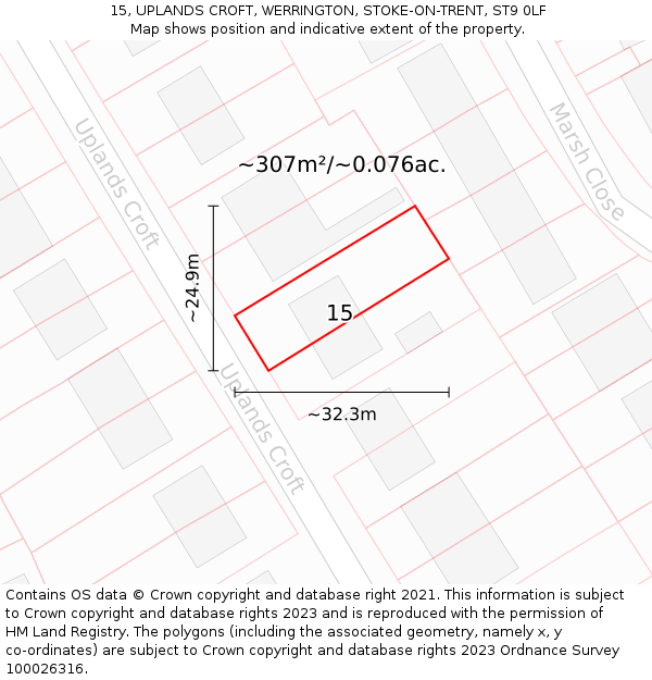 15, UPLANDS CROFT, WERRINGTON, STOKE-ON-TRENT, ST9 0LF: Plot and title map
