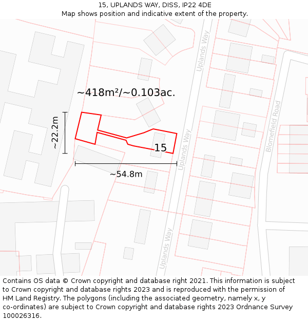 15, UPLANDS WAY, DISS, IP22 4DE: Plot and title map