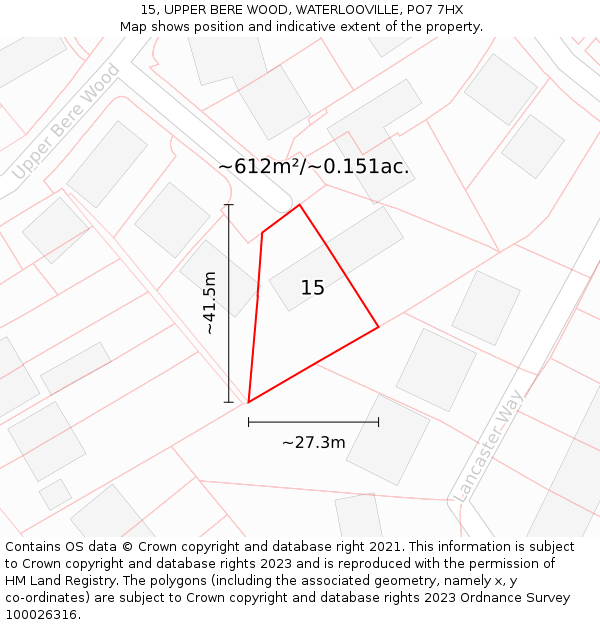 15, UPPER BERE WOOD, WATERLOOVILLE, PO7 7HX: Plot and title map