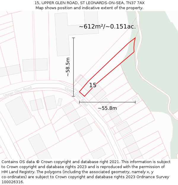15, UPPER GLEN ROAD, ST LEONARDS-ON-SEA, TN37 7AX: Plot and title map