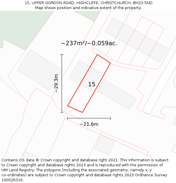 15, UPPER GORDON ROAD, HIGHCLIFFE, CHRISTCHURCH, BH23 5ND: Plot and title map