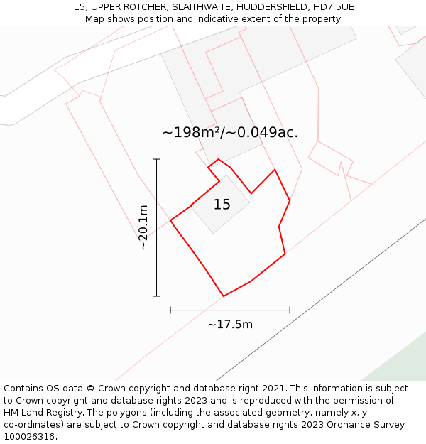 15, UPPER ROTCHER, SLAITHWAITE, HUDDERSFIELD, HD7 5UE: Plot and title map
