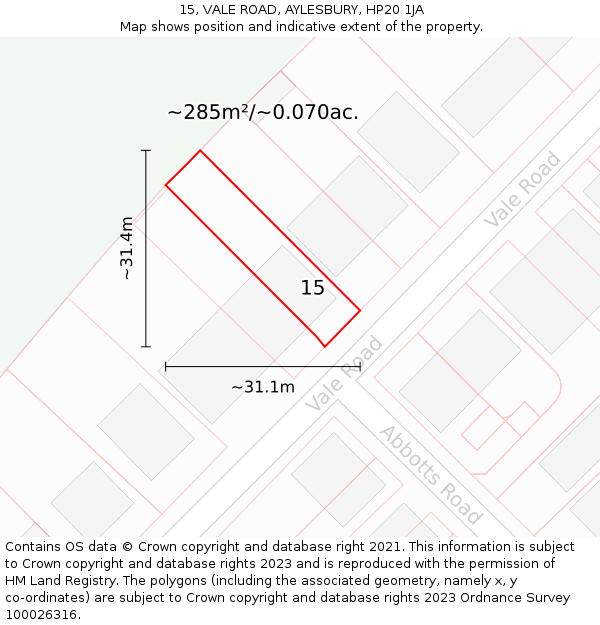 15, VALE ROAD, AYLESBURY, HP20 1JA: Plot and title map